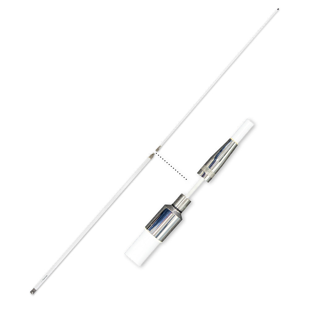 Shakespeare Galaxy 5018 15' 2 VHF antenna with 9dB gain, designed for marine communication, shown installed on a boat.
