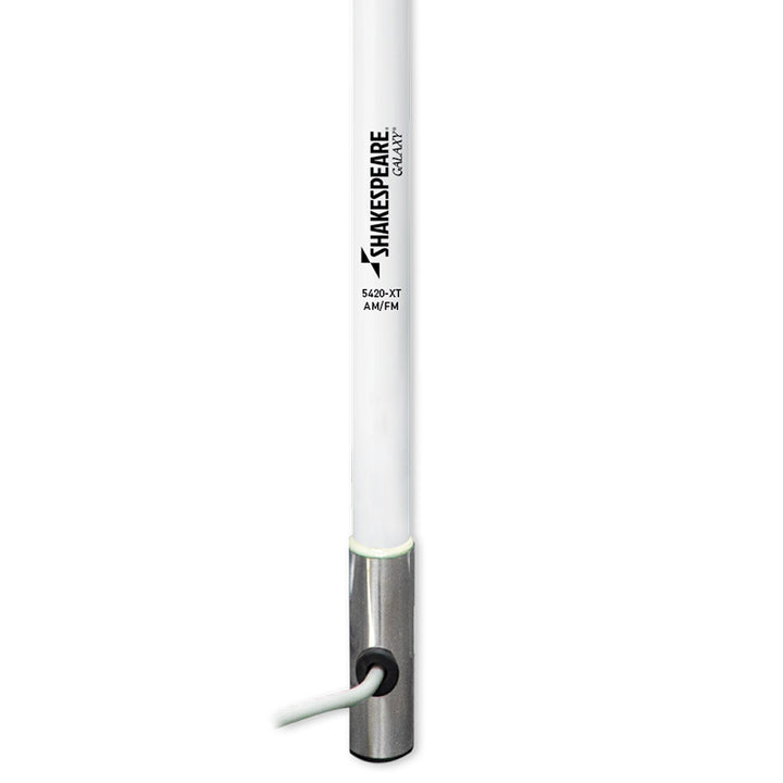 Shakespeare Galaxy 5420-XT 4-foot AM/FM antenna with durable design for radio reception, shown in a close-up view.