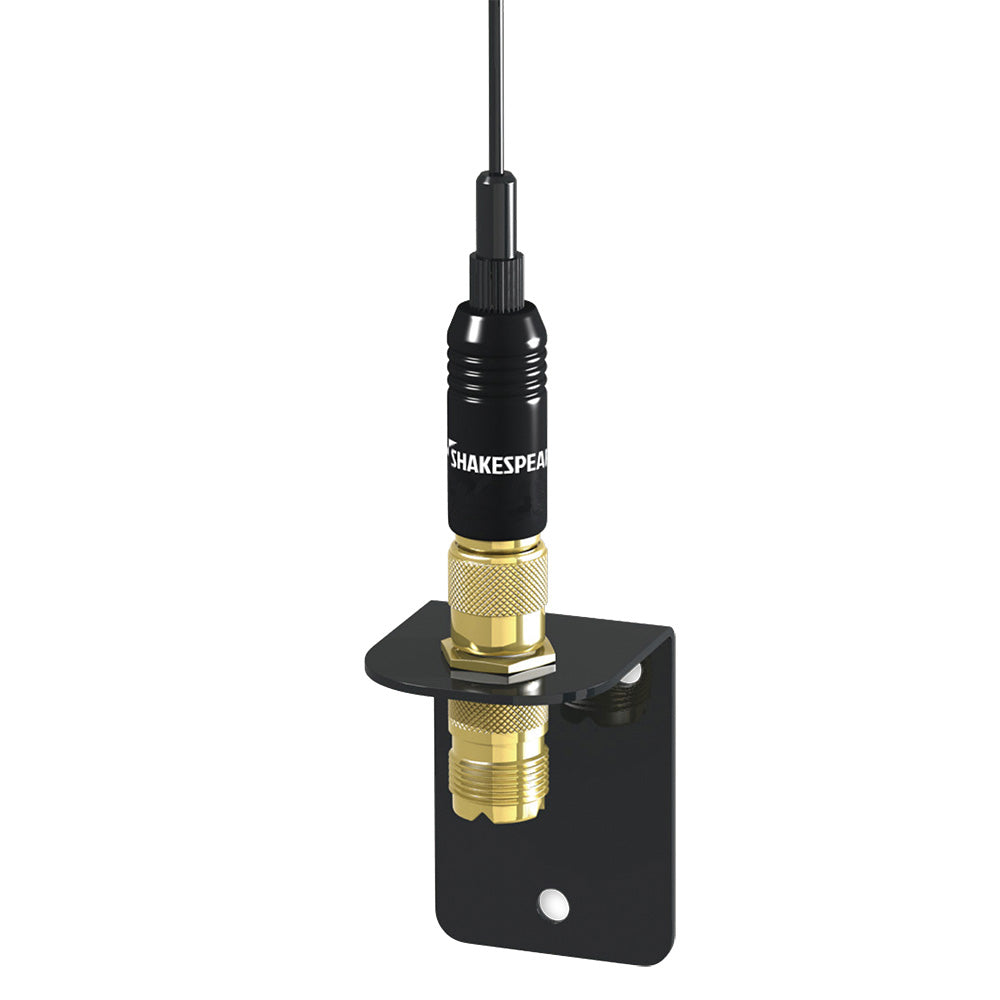 Shakespeare VHF 15-inch black stainless steel whip antenna with mounting bracket for marine radio communication.