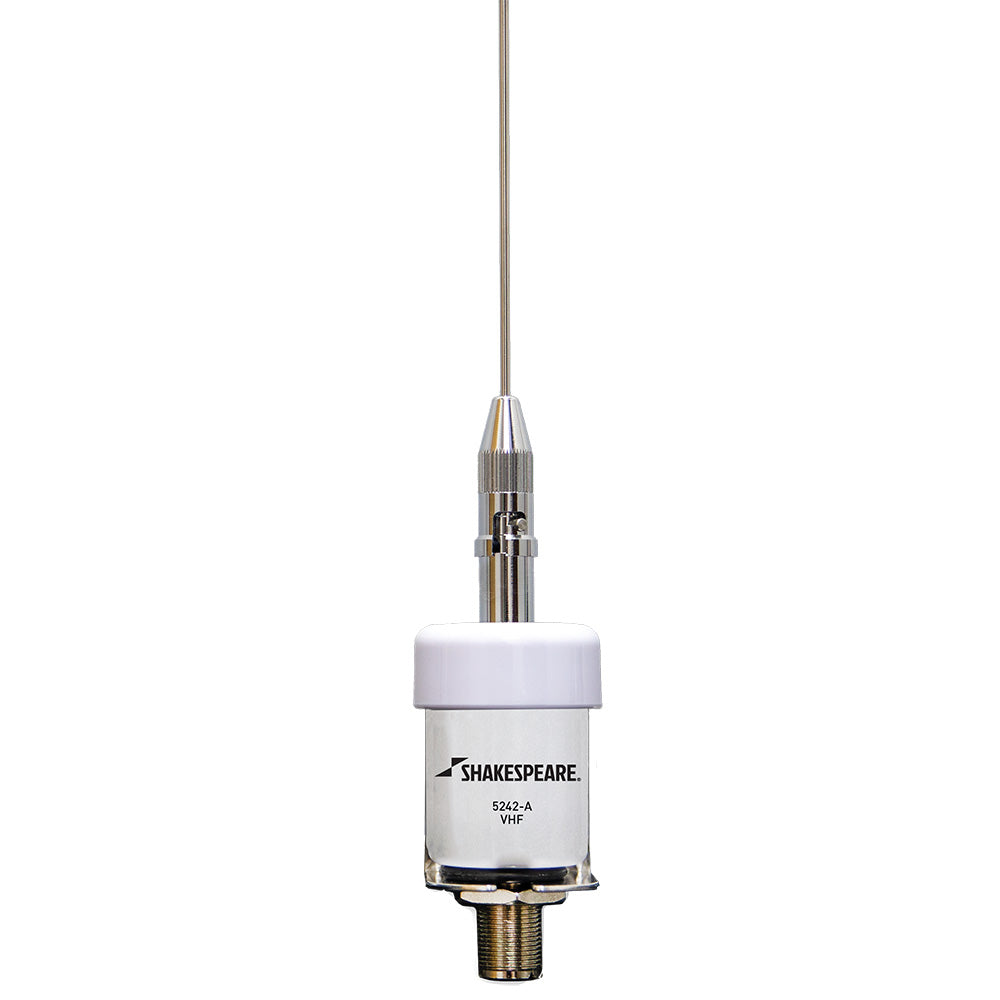 Shakespeare VHF 36-inch stainless steel whip antenna with low profile design, end-fed style, no cable visible in the image.