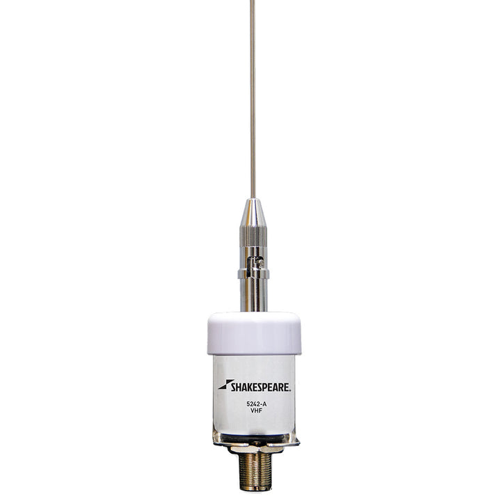 Shakespeare VHF 36-inch stainless steel whip antenna with low profile design, end-fed style, no cable visible in the image.