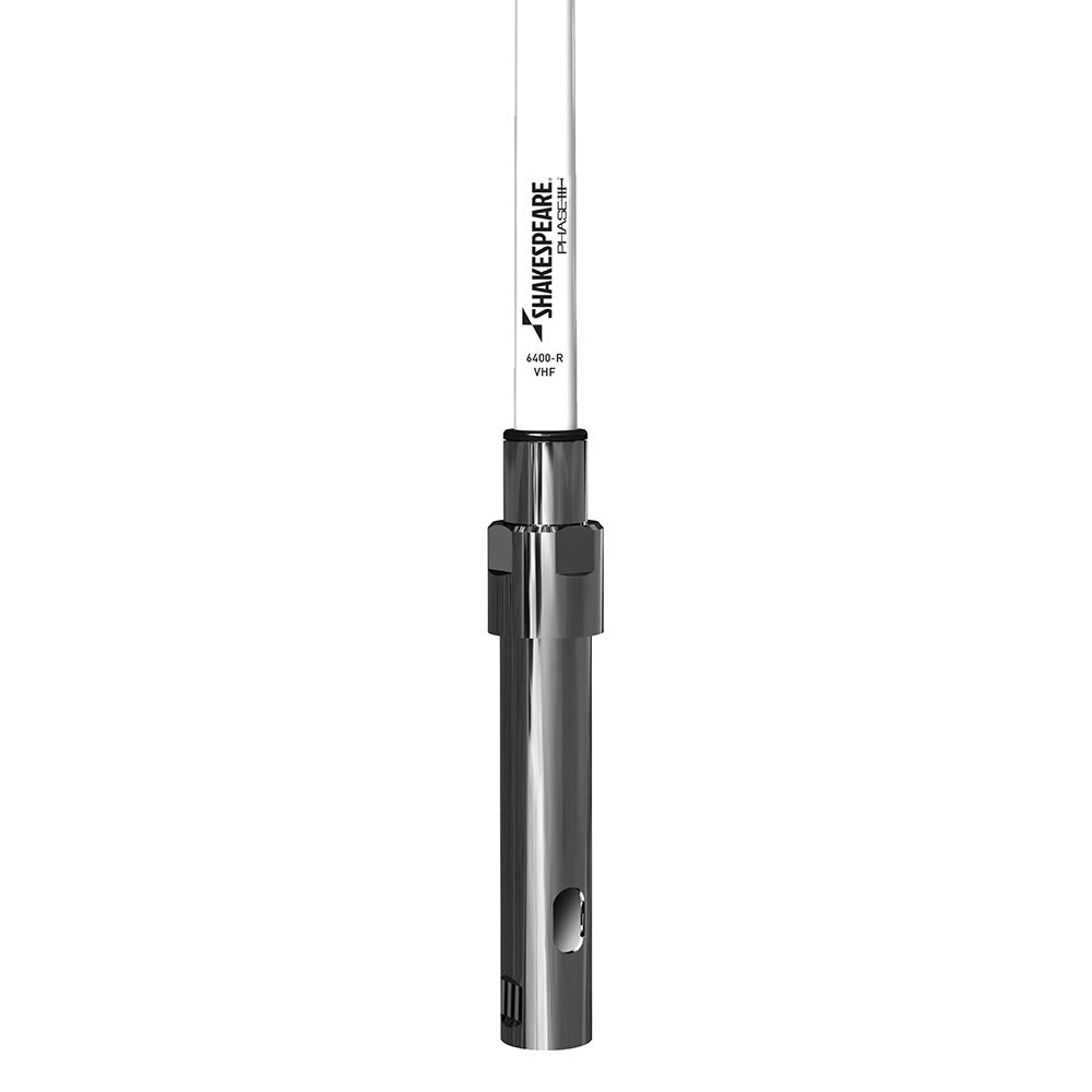 Shakespeare VHF 4' Phase III antenna for marine communication, with a white fiberglass mast and durable design.