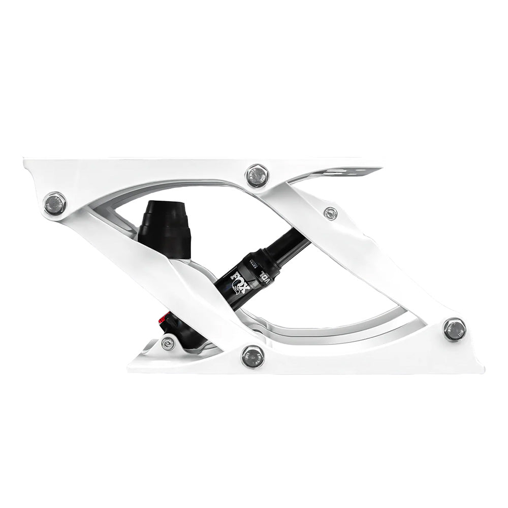 White Shockwave S5-AL Suspension Base seating by Shockwave Seats, designed for ergonomic support and adjustable comfort.