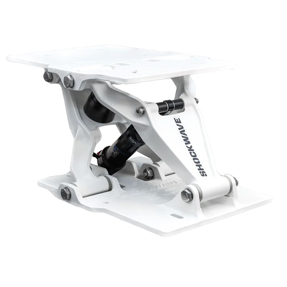 White Shockwave S5-LW Suspension Base for seating by Shockwave Seats, visible with mounting hardware and ergonomic design.