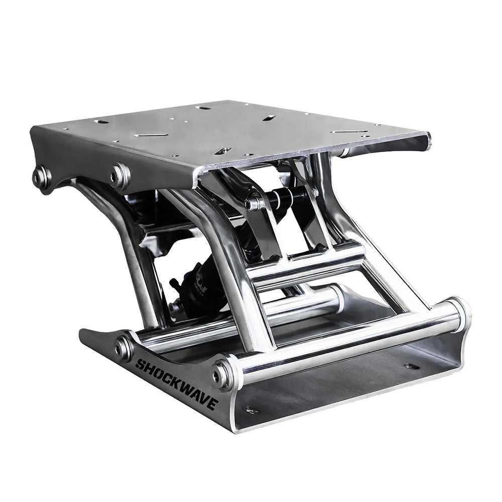 Shockwave S5-SS Suspension Base by Shockwave Seats, stainless steel seating base with adjustable suspension system, shown from a side angle.