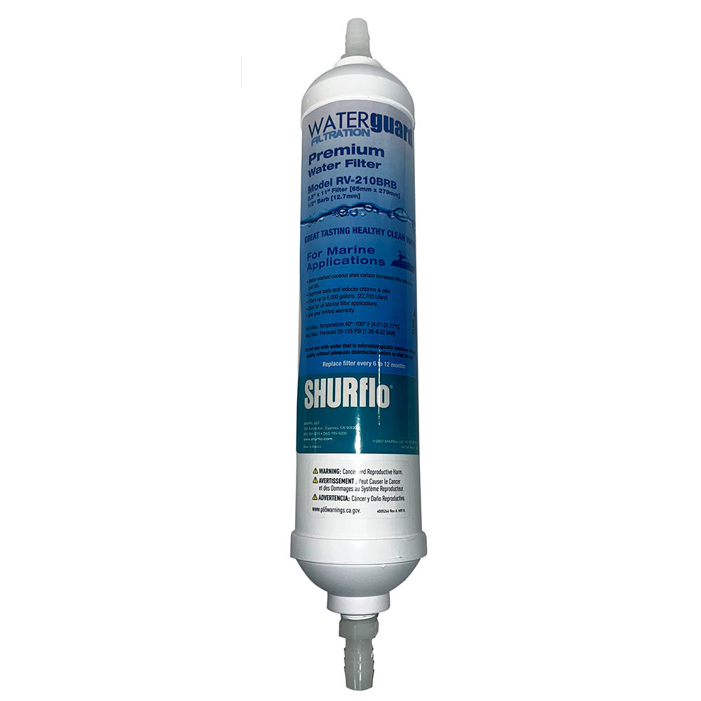Shurflo by Pentair 11-inch in-line water filter with 1/4 inch barb fittings, used as a plumbing accessory for water filtration.