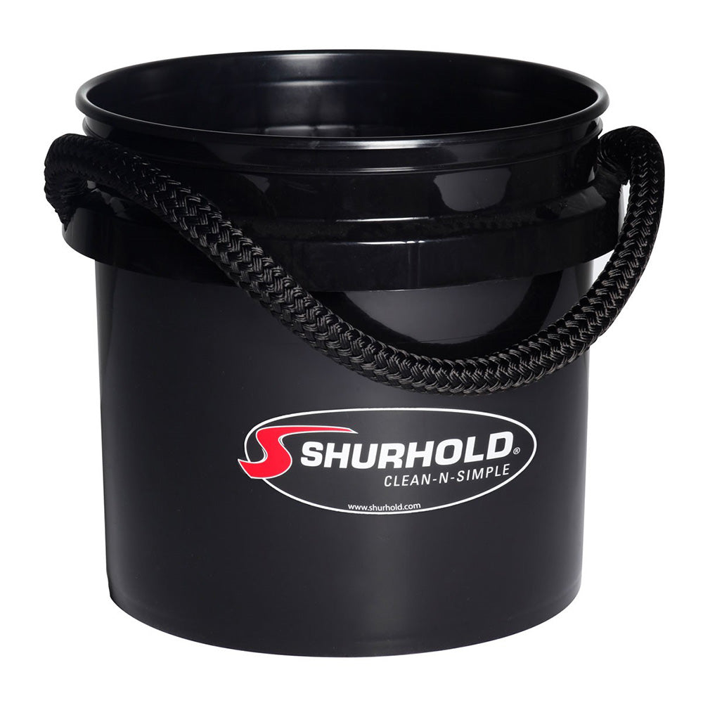 Black Shurhold 3.5-gallon cleaning bucket with rope handle, durable plastic construction for versatile cleaning tasks.