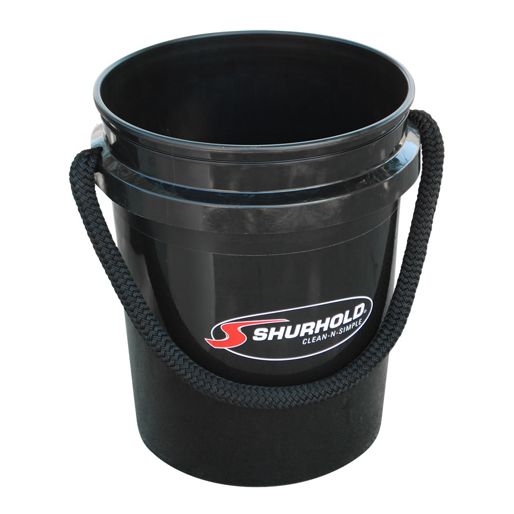 Black 5-gallon Shurhold Worlds Best Rope Handle Bucket for cleaning, featuring durable rope handle and sturdy construction.