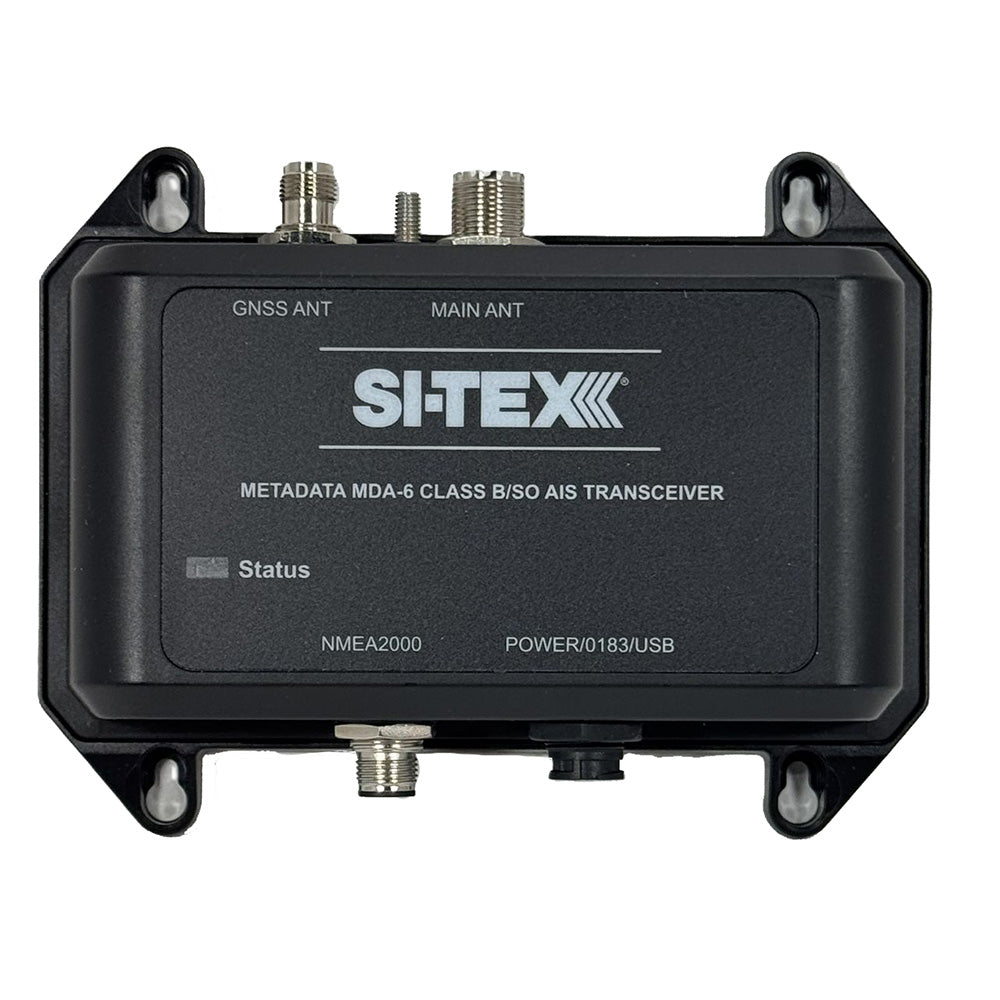 SI-TEX MDA-6 AIS transceiver with Bluetooth, Wi-Fi, NMEA0183, and USB interface, featuring high-power 5W SOTDMA Class B/SO design.