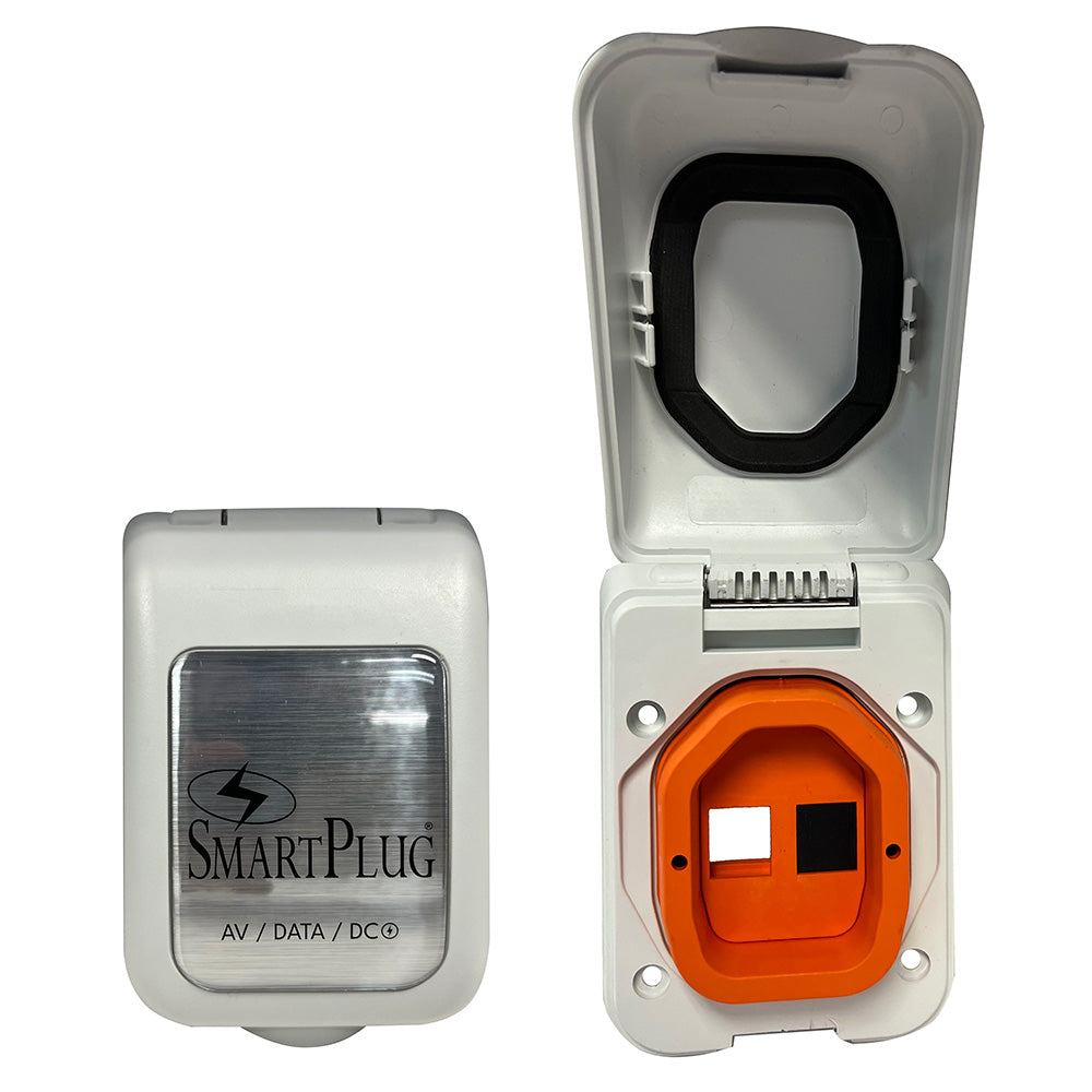 White SmartPlug shore power data port case with one blank plug and one open port for electrical connection.