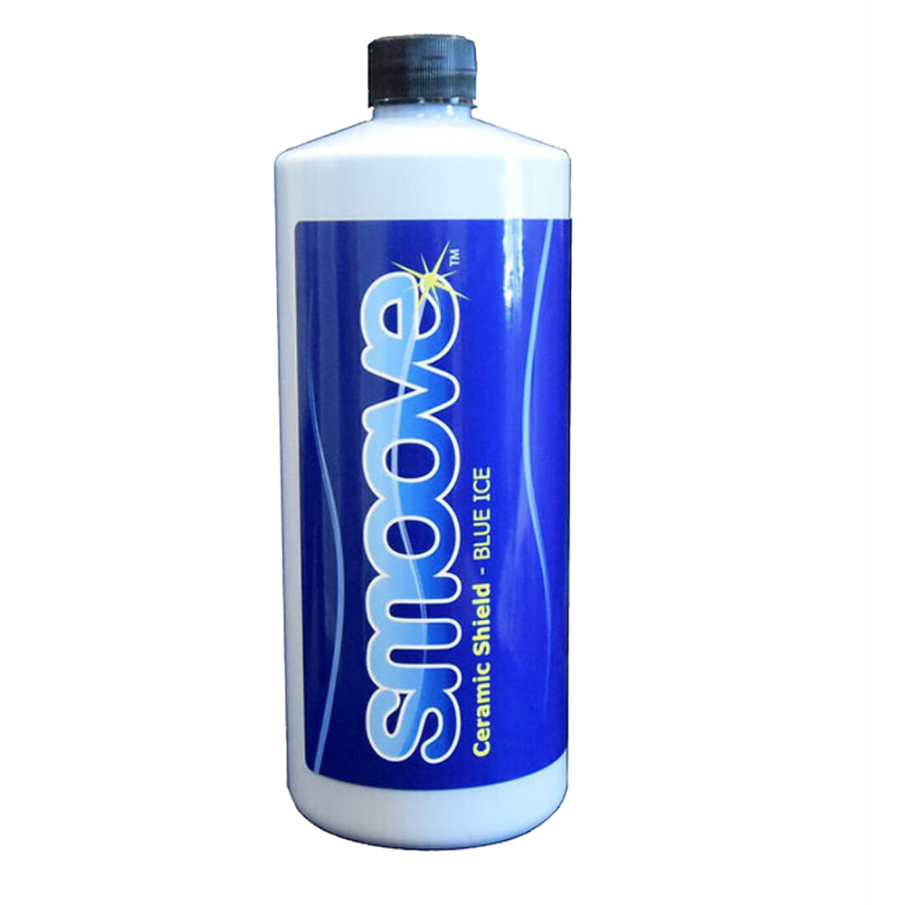 Smoove Blue Ice Ceramic Shield quart container for cleaning, featuring a blue and white label with product details.