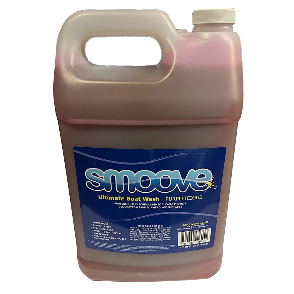 Smoove Purplelicious Ultimate Boat Wash gallon container for cleaning boats, featuring vibrant purple branding and product label.