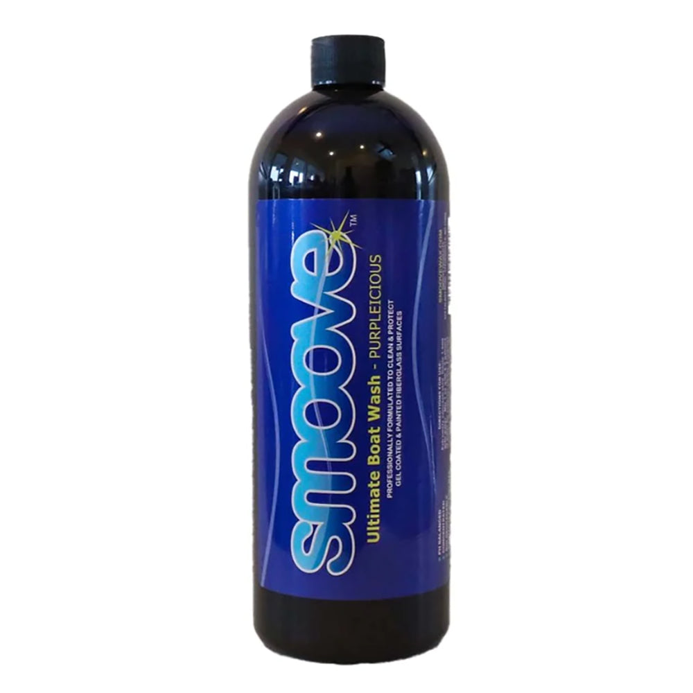 Smoove Purplelicious Ultimate Boat Wash quart bottle, cleaning solution with purple label, designed for boat cleaning.