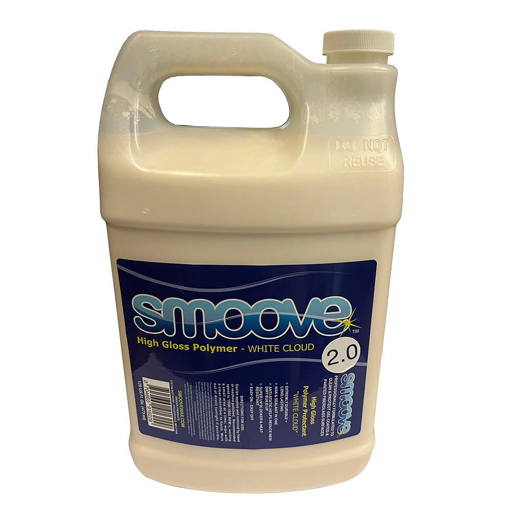 Smoove White Cloud High Gloss Polymer 2.0 gallon cleaning product in a white plastic container, designed for high-gloss surface protection.