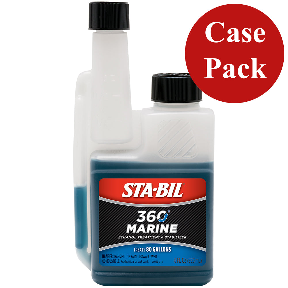 STA-BIL 360 Marine cleaning solution in 8oz bottles, shown in case of 12, designed for marine engine and fuel system cleaning.