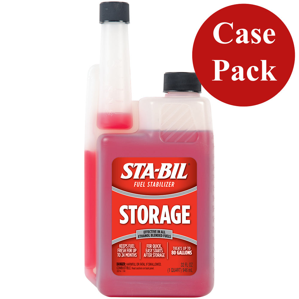 STA-BIL Fuel Stabilizer 32oz bottles for cleaning, stored in a case of 12, used to preserve fuel quality in engines.