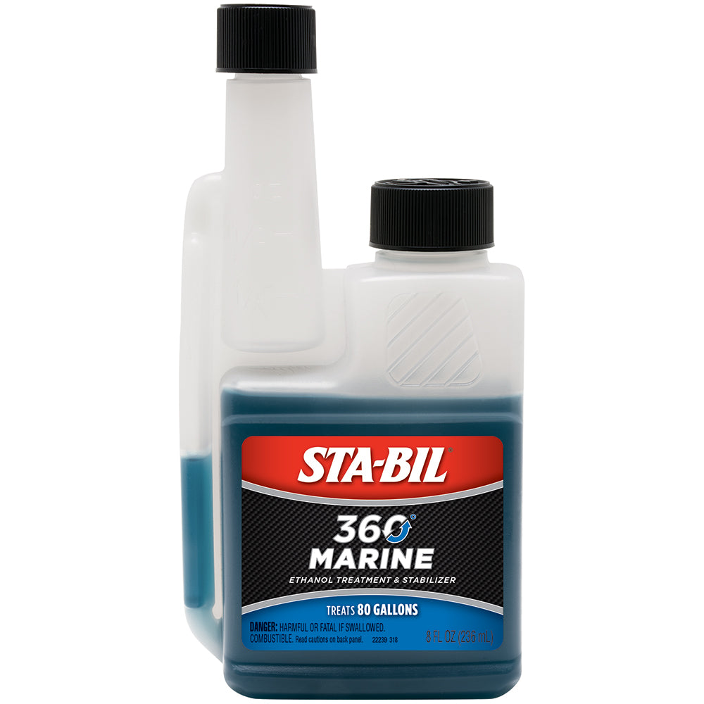 STA-BIL 360 Marine fuel treatment bottle showing 8oz size for engine fuel preservation and stabilization.
