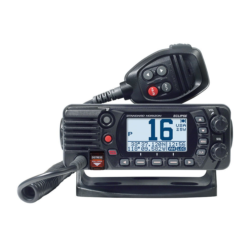 Standard Horizon GX1410GB Eclipse Series 25W fixed mount VHF radio with GPS in black, shown with buttons and display screen