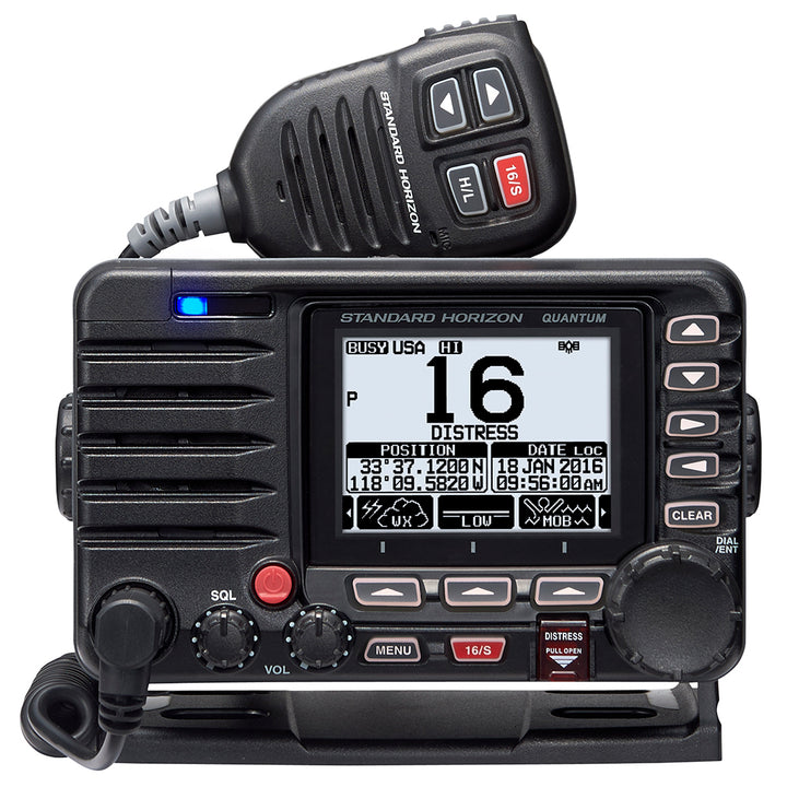 Standard Horizon Quantum GX6000 25W fixed mount VHF marine radio with integrated AIS receiver and speaker mic, displaying controls and screen.