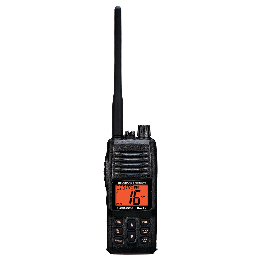 Standard Horizon HX380 5W handheld VHF radio with submersible IPX-7 design and LMR channels, ideal for commercial use.