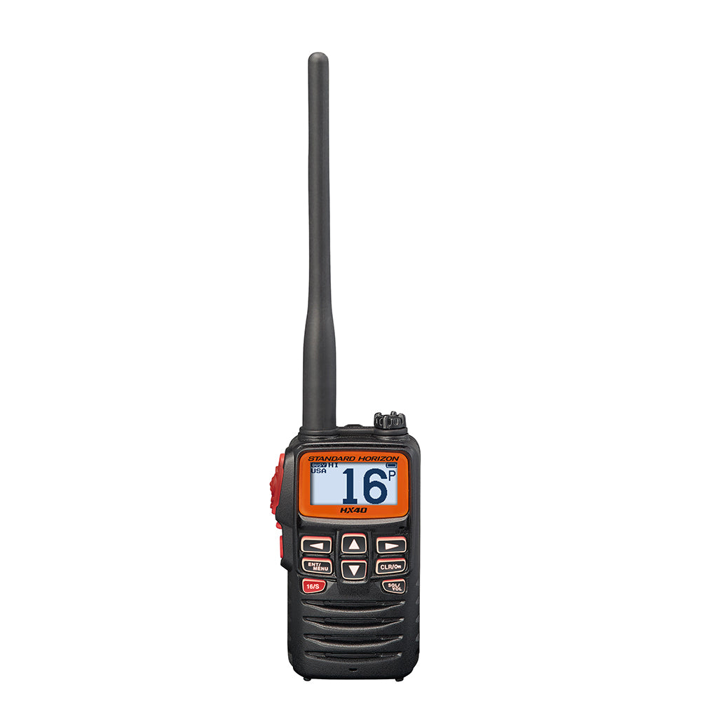 Standard Horizon HX40 handheld marine VHF transceiver with 6W power and FM band, compact and easy to carry.