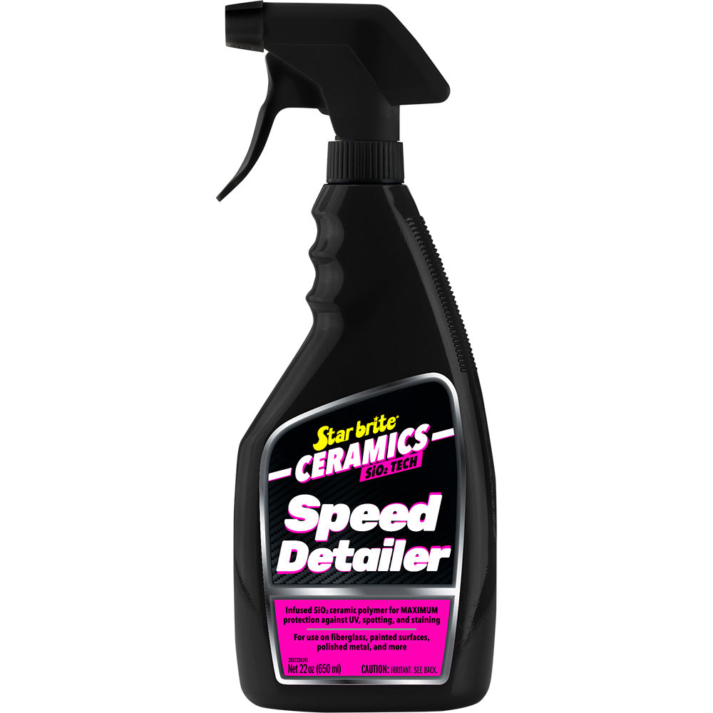 Star brite Ceramics Speed Detailer with Si02, cherry scent, 22 oz, showing spray bottle and automotive ceramic coating in use