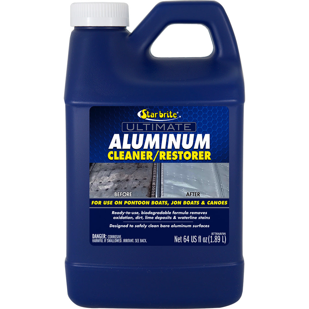 Star brite Ultimate Aluminum Cleaner and Restorer in a 64 oz bottle, designed for cleaning and restoring aluminum surfaces.