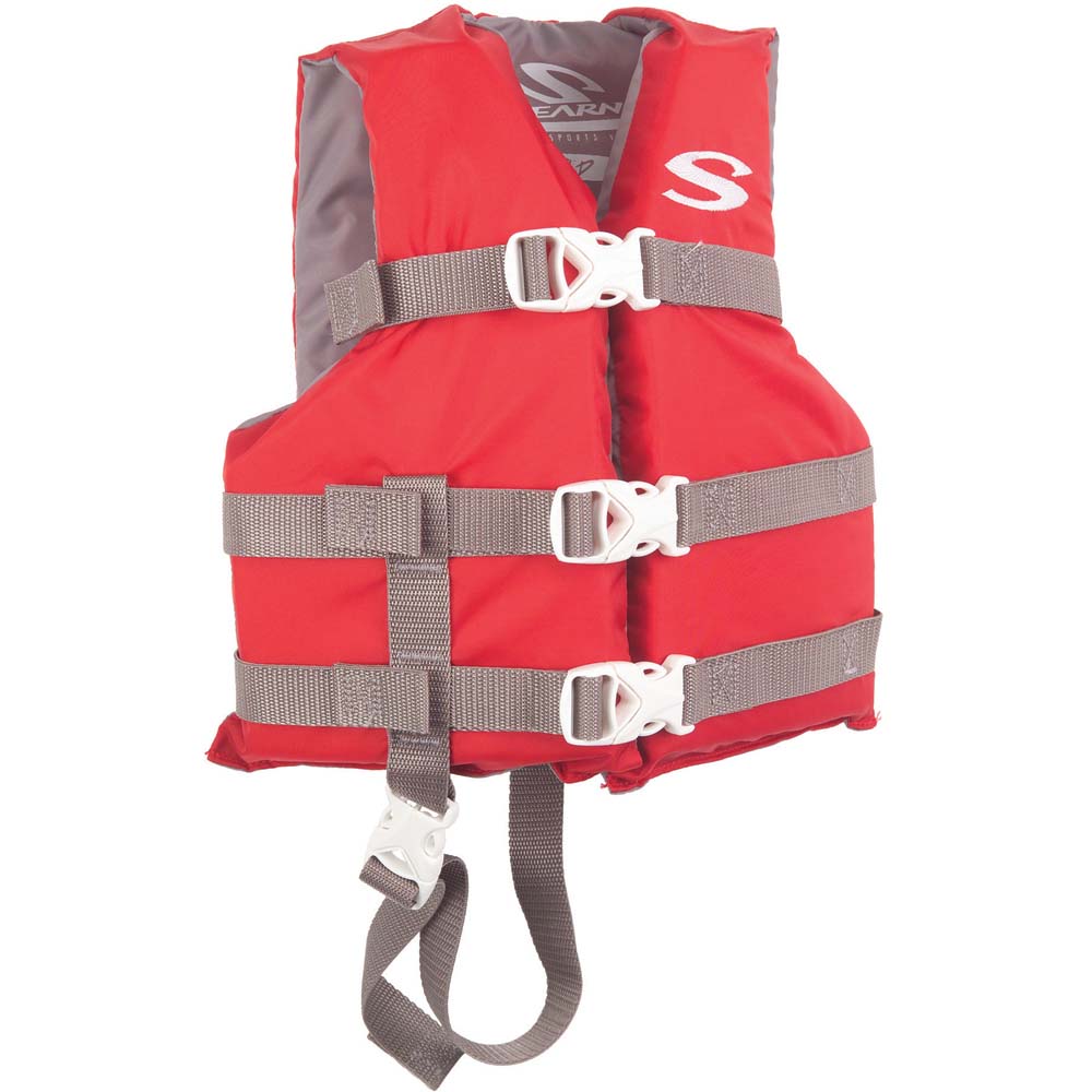 Red Stearns Classic Series child life vest for ages 30-50 lbs, featuring adjustable straps and secure fit for safety.
