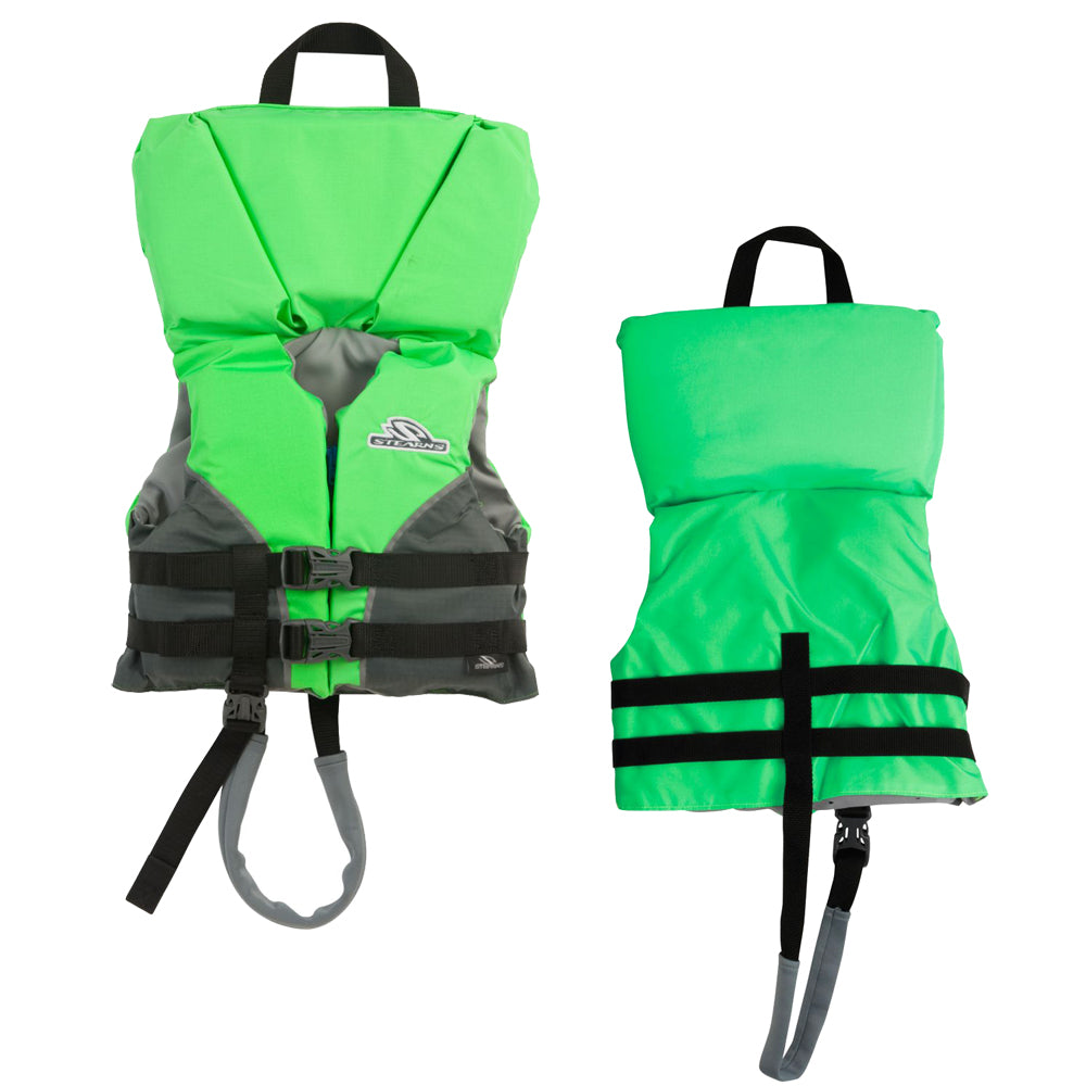 Green Stearns infant heads-up nylon life vest for babies up to 30lbs, designed for safety and comfort in water.
