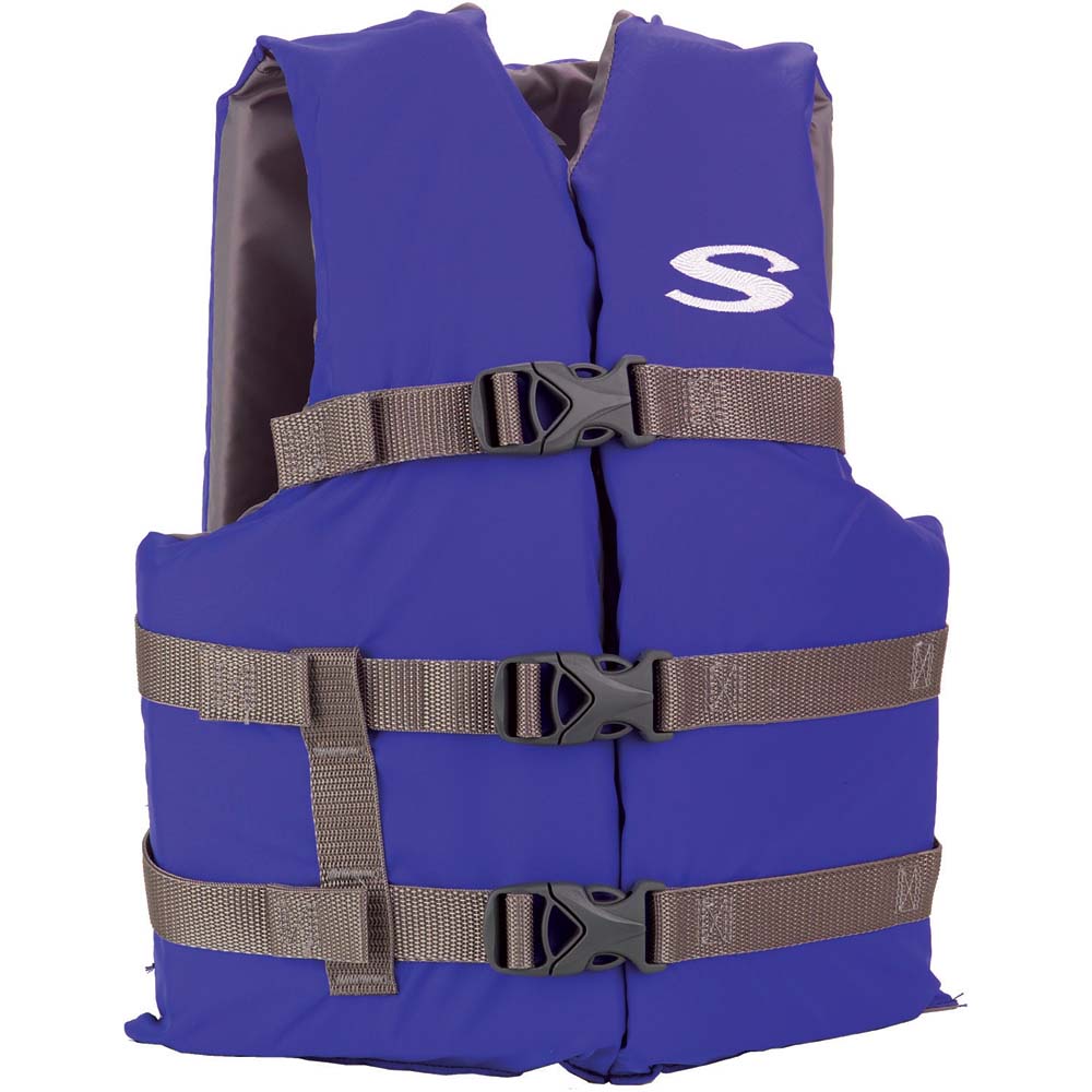 Stearns youth classic life vest in blue and grey for children 50-90 lbs, featuring adjustable straps and safety features.