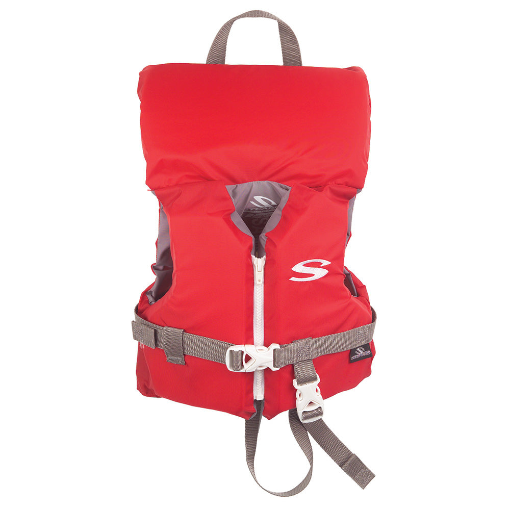 Red Stearns Classic Infant Life Jacket for children up to 30 pounds, personal flotation device with adjustable straps.