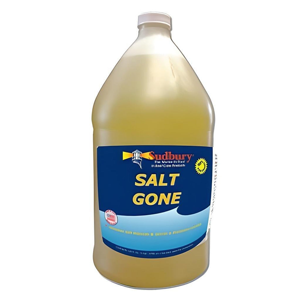Sudbury Salt Gone cleaning solution in a gallon container, designed for removing salt stains and buildup on surfaces.