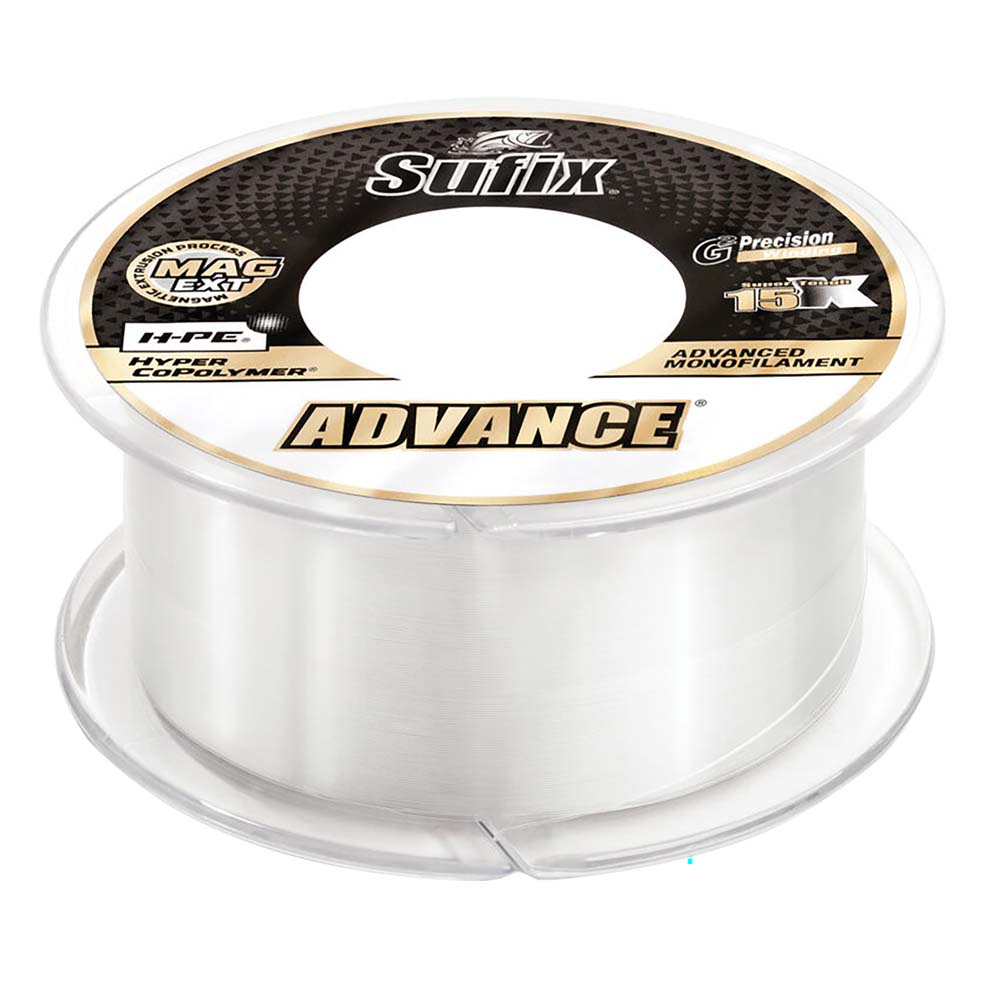 Clear Sufix Advance Monofilament fishing line, 20lb test, 330 yards, ideal for fishing lines and leaders.