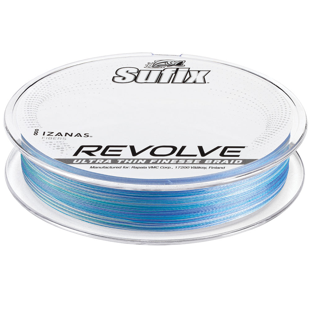 Sufix Revolve Braid fishing line in Coastal Camo, 4 lb, 200 yards, showing the braided line with camo pattern and spool