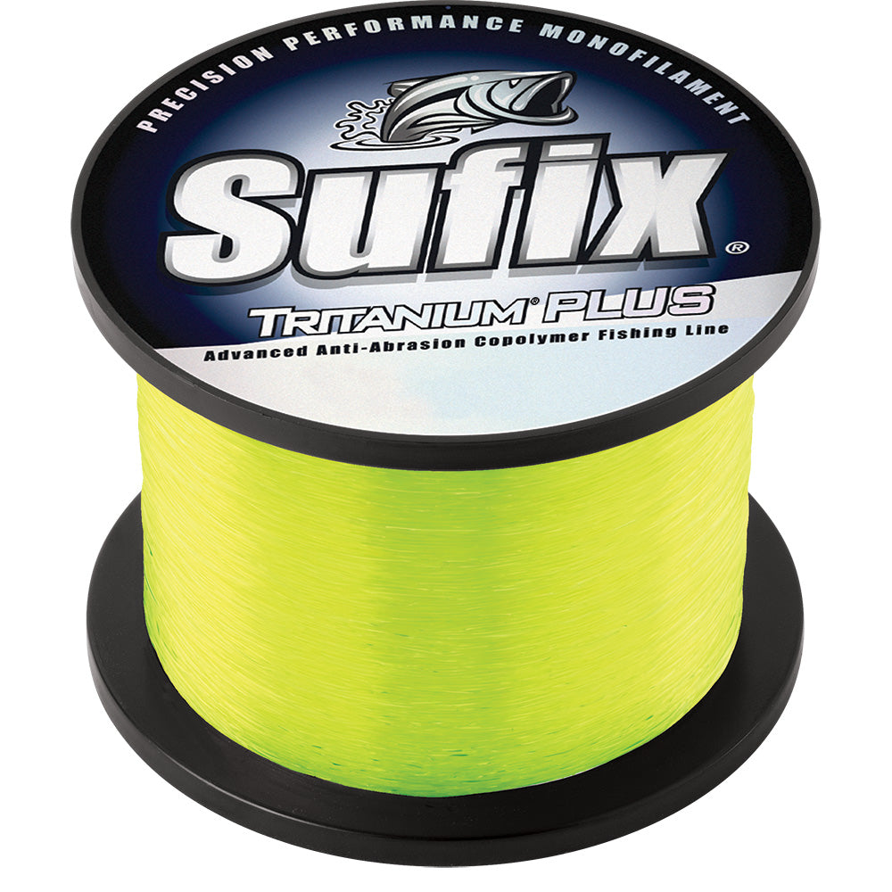 Sufix Tritanum Plus fishing line in chartreuse, 17lb test, 840 yards, designed for lines and leaders, shown in the image.