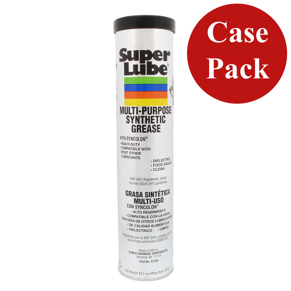 Super Lube multi-purpose synthetic grease with Syncolon in a 14.1oz cartridge, shown in a case of 12 for cleaning and lubrication.