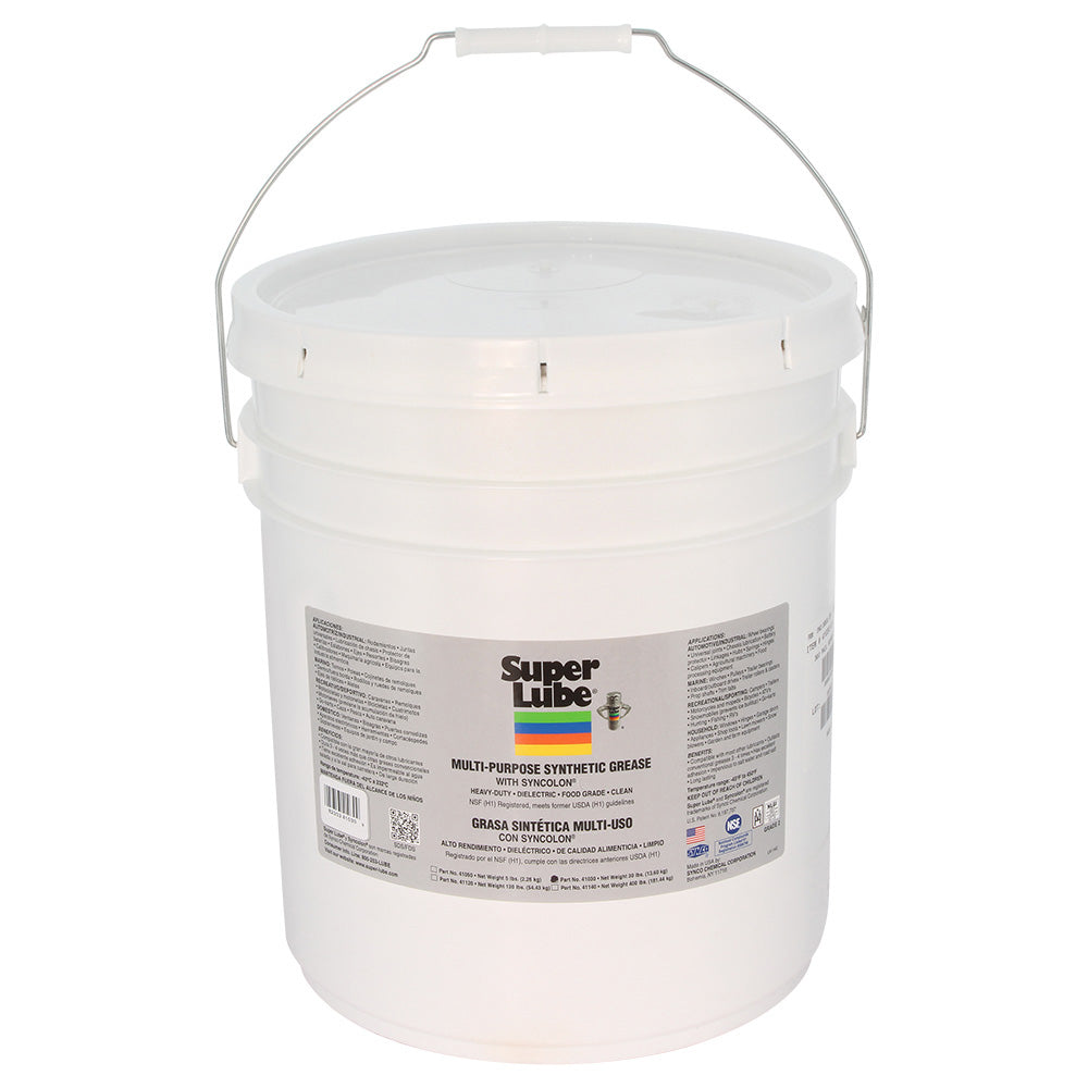 Super Lube Multi-Purpose Synthetic Grease with Syncolon PTFE in a 30lb container, used for cleaning and lubrication applications.