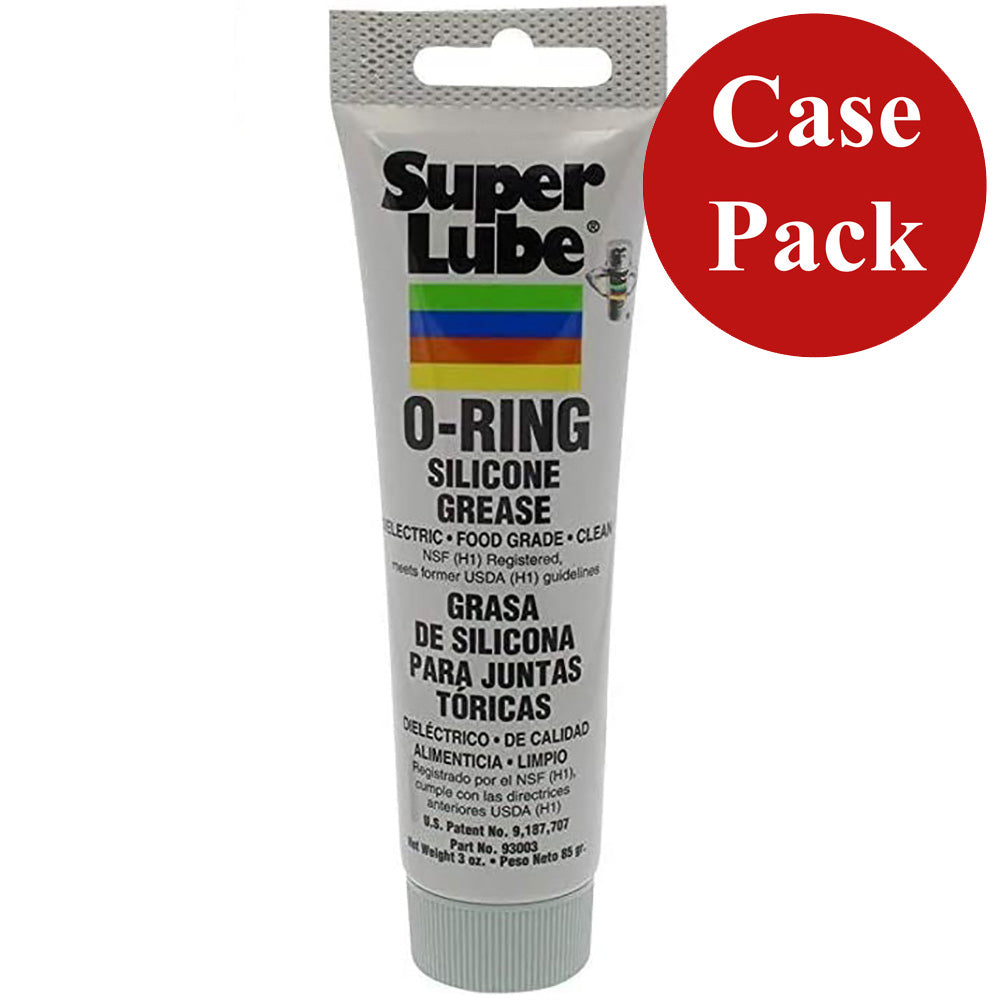 Super Lube O-Ring Silicone Grease 3oz tube, ideal for sealing and lubrication, shown in a case of 12 tubes for cleaning applications.