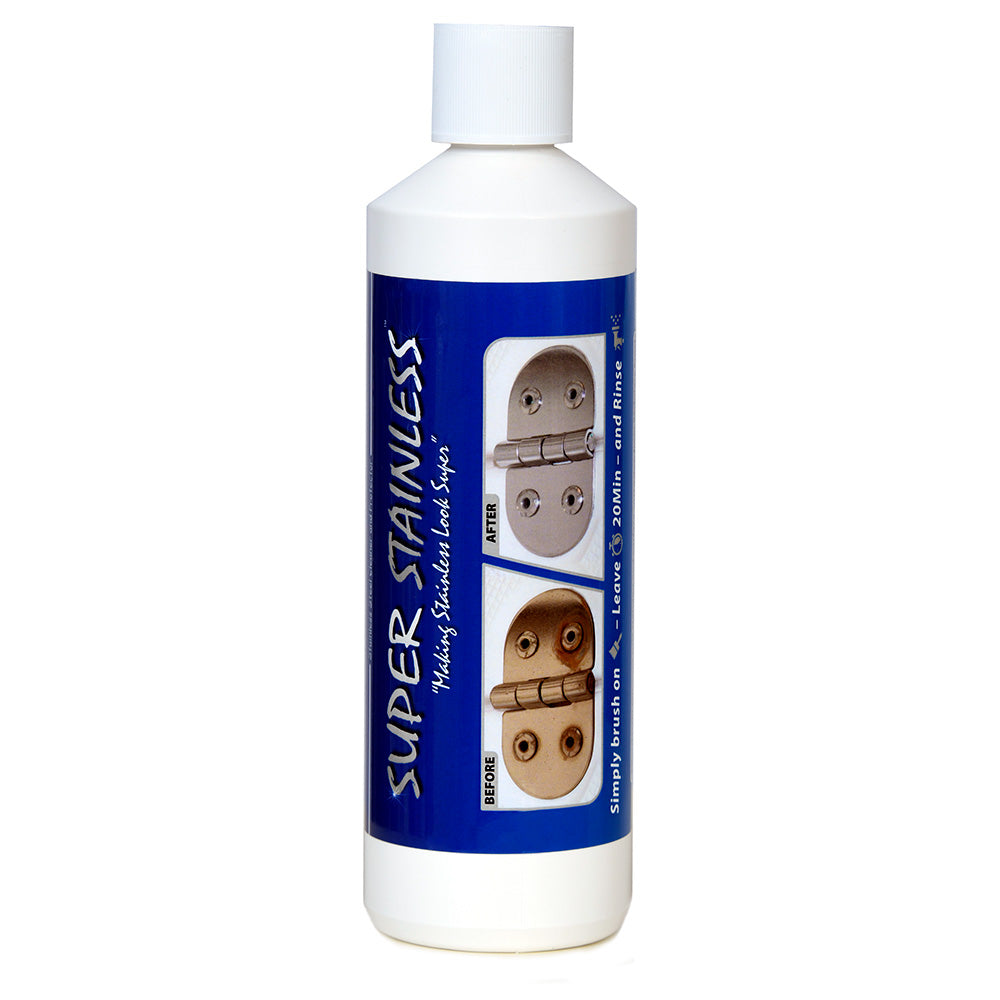 Super Stainless 16oz stainless steel cleaner bottle with a white spray nozzle and label for cleaning stainless steel surfaces.
