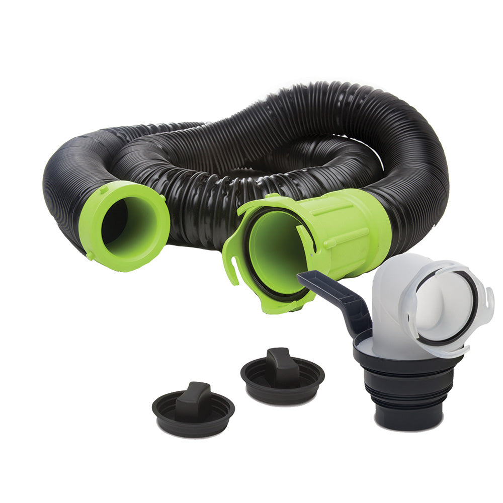 Thetford Marine Titan Premium 15' sewer hose kit with universal bayonet connection and 5-in-1 sewer adapter with handle.