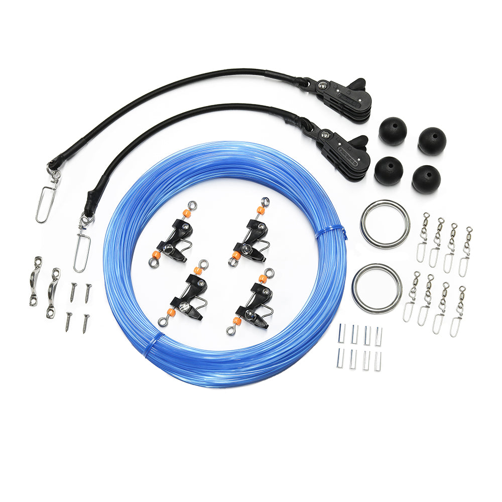 Tigress Pro Series Double Rigging Kit for kite fishing, featuring multiple rig components and tackle for effective fishing.