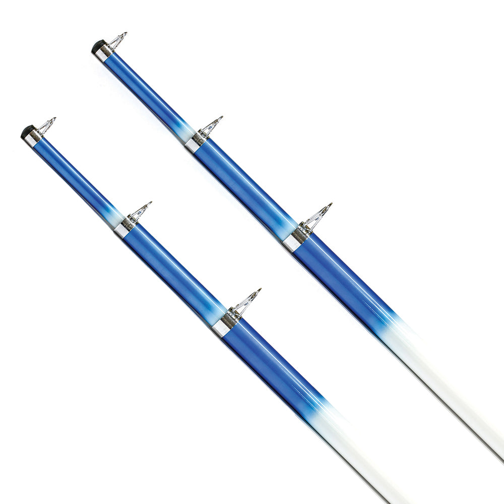 Pair of Tigress 15 telescoping fiberglass outrigger poles with 1-1/8" diameter in white and blue for fishing or boating.
