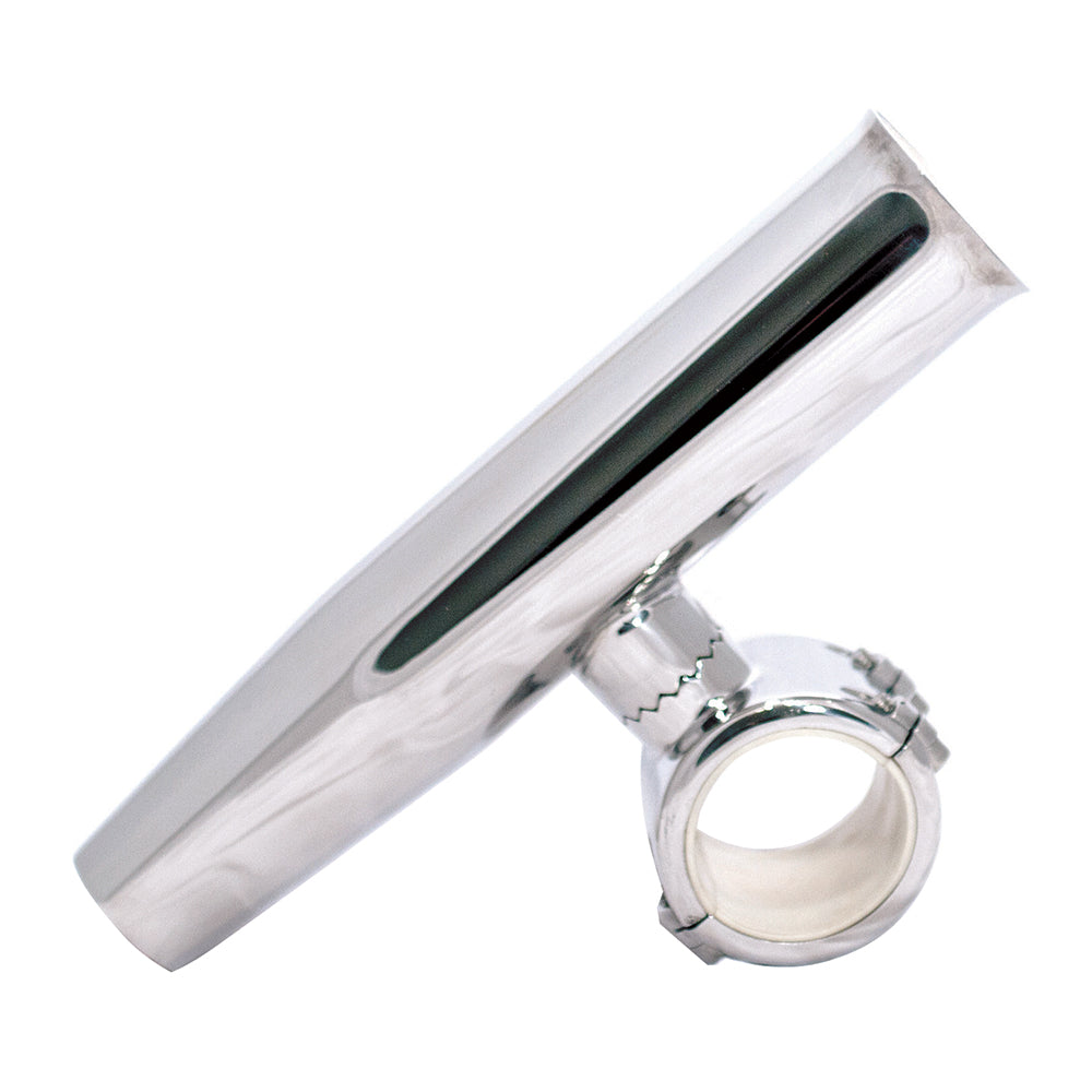 Tigress 1-1/4-inch polished stainless steel adjustable clamp-on rod holder with secure mounting and sleek finish.