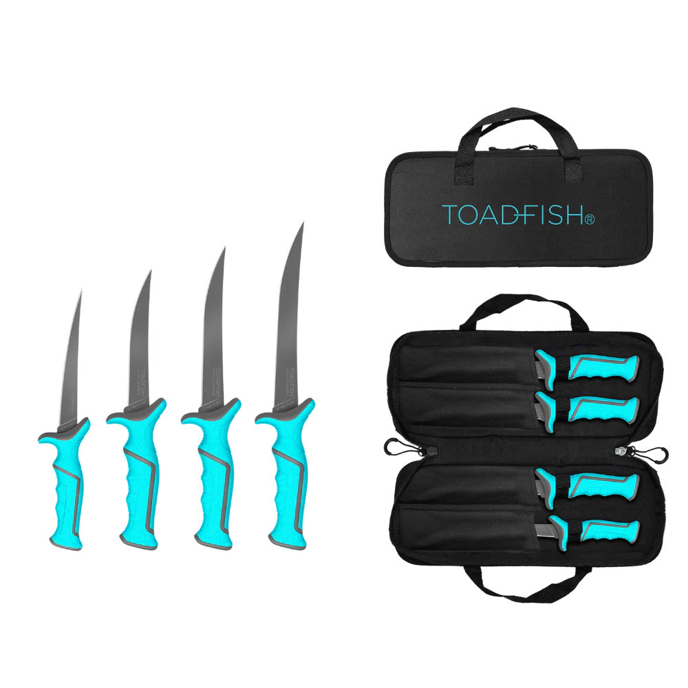 Toadfish fixed filet knife set with four stainless steel knives in sizes 5, 6, 7, and 8 inches, displayed on a white background.