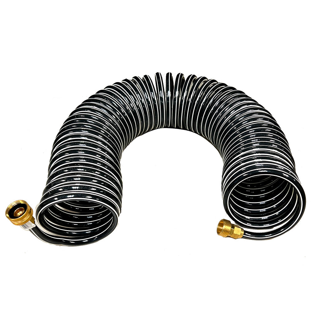Trident Marine coiled wash down hose with brass fittings, 50-foot length, ideal for marine cleaning and water management.
