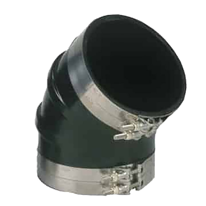 Trident Marine 3-inch black rubber molded wet exhaust elbow with 45-degree bend and four T-bolt clamps for marine exhaust systems