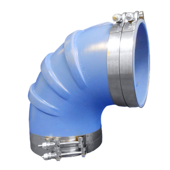 Blue silicone molded 6-inch 90-degree wet exhaust elbow from Trident Marine with four T-bolt clamps for marine exhaust systems.
