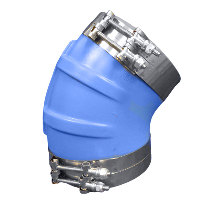 Blue silicone molded wet exhaust elbow from Trident Marine, 8-inch ID, 45-degree angle with four T-bolt clamps.