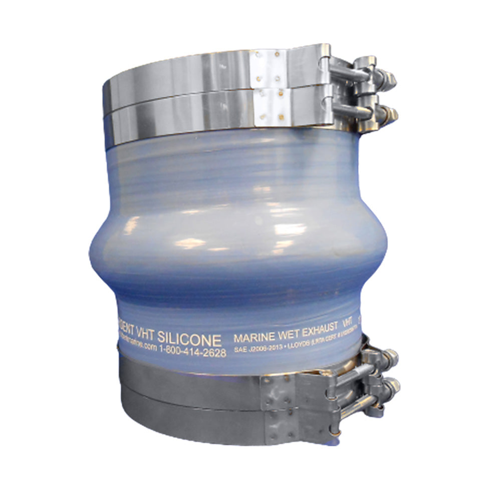 Trident Marine blue silicone wet exhaust hump hose with four T-bolt clamps, 8-inch diameter and 8-inch length.