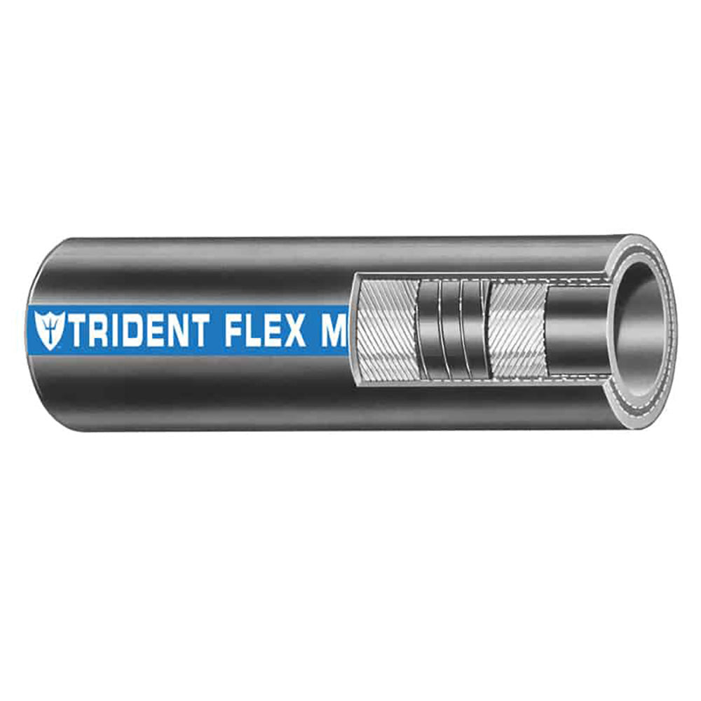 Black Trident Marine 1-1/2 inch flexible wet exhaust water hose, shown coiled, designed for marine engine cooling systems.